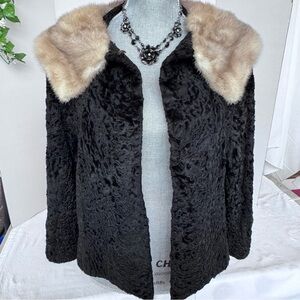 Vintage Elegant MCM Black Persian Lamb Mink Fur Trim Women's Short Jacket Sz M/L